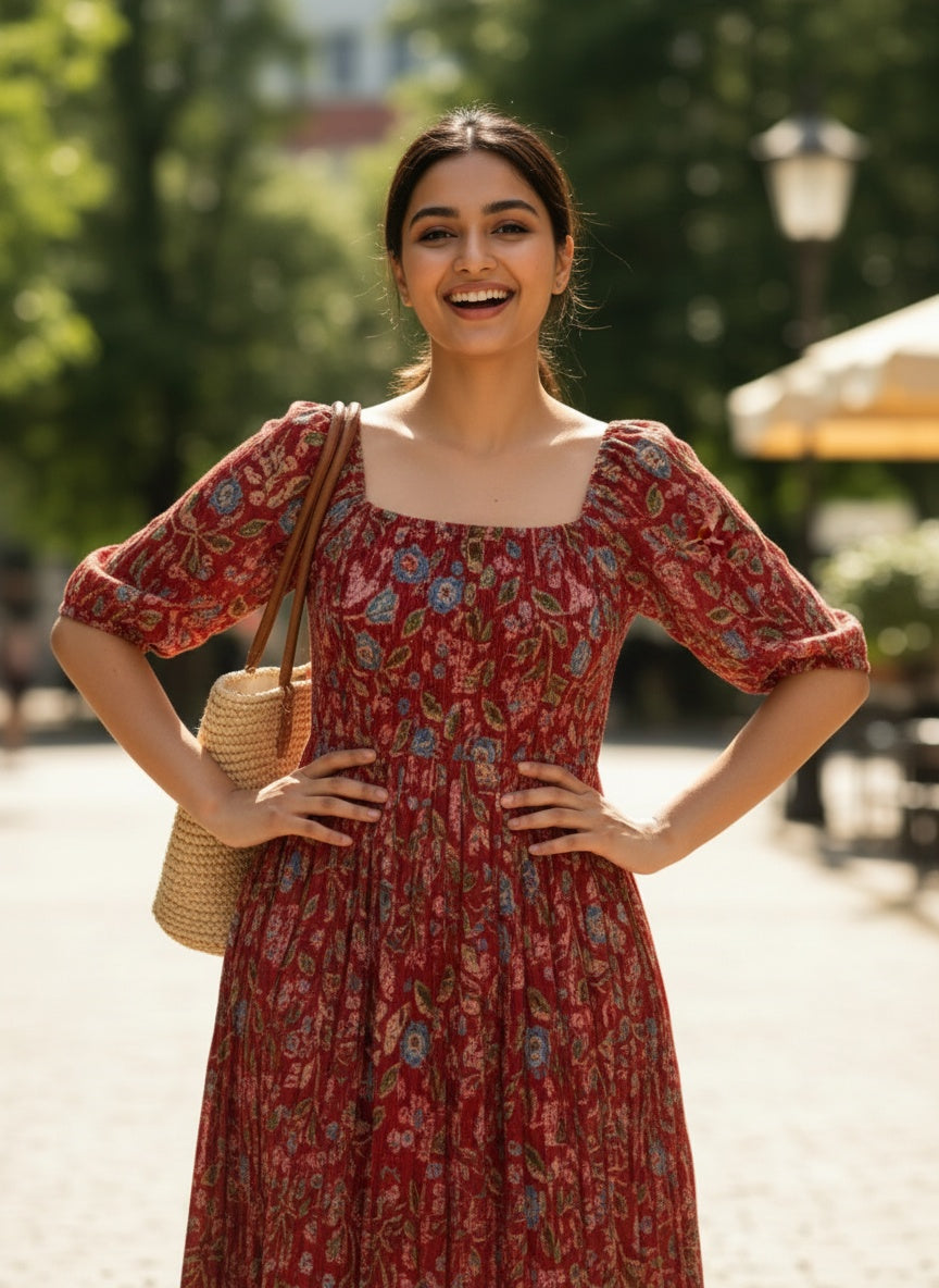 knee length dresses for ladies Rachna: Kalamkari Smocked Cotton Midi Dress – House of Somarra