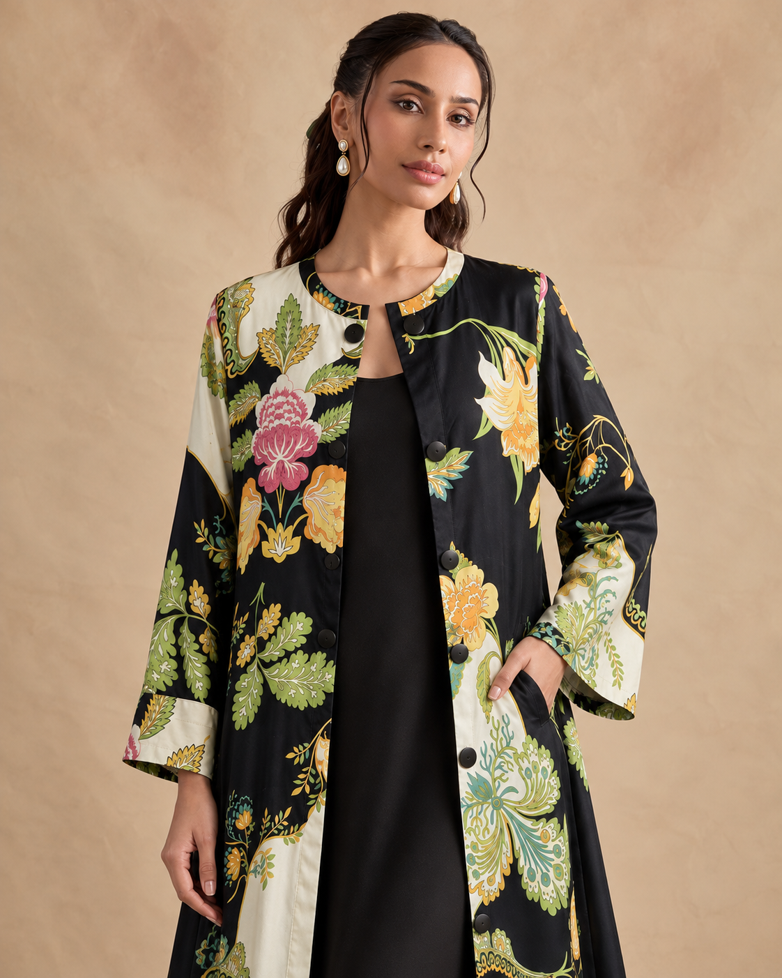 Vanika by House of Somarra — Close-up of the floral print and round neckline.