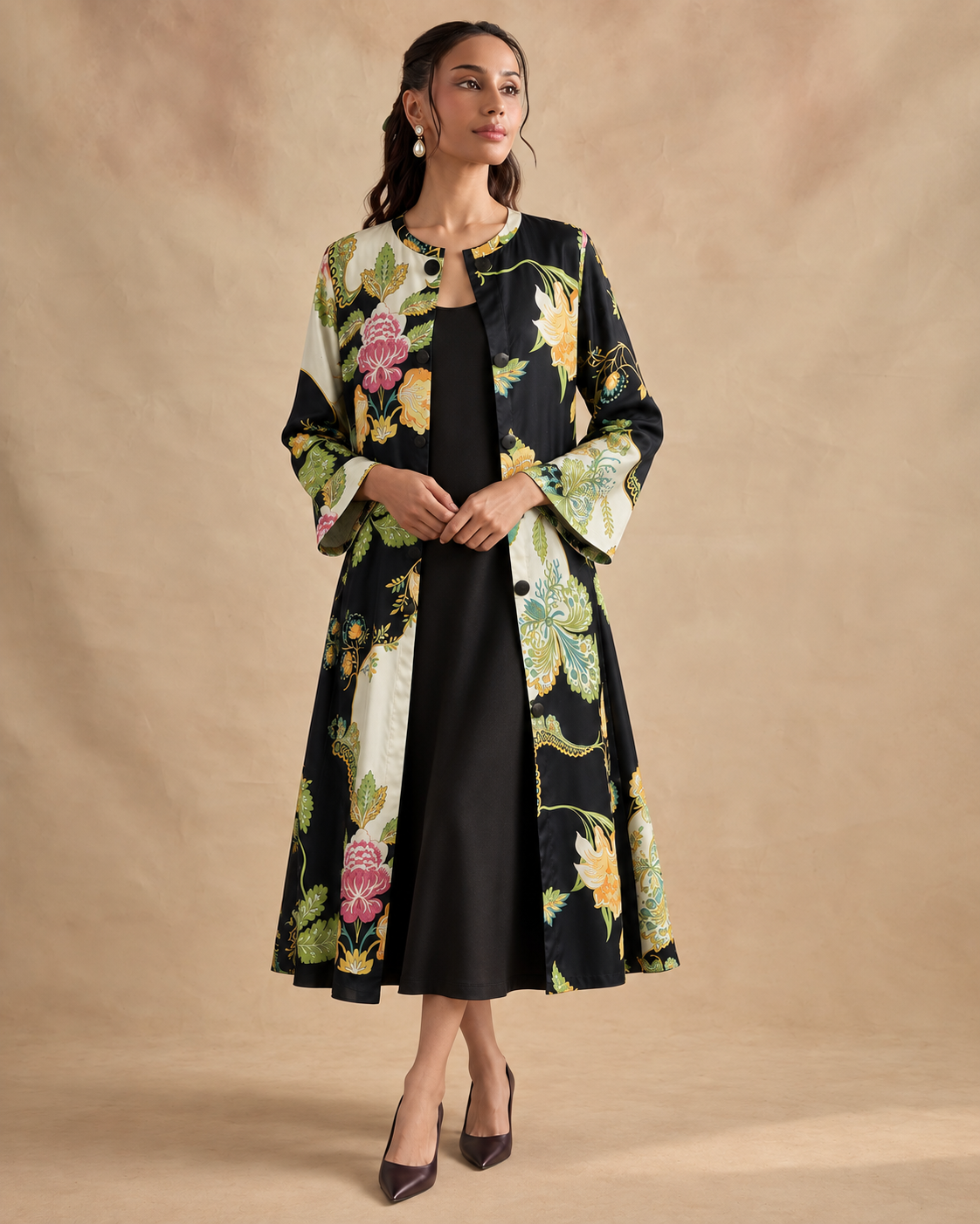 Vanika by House of Somarra — View showing the floral outer layer over the plain black inner dress.