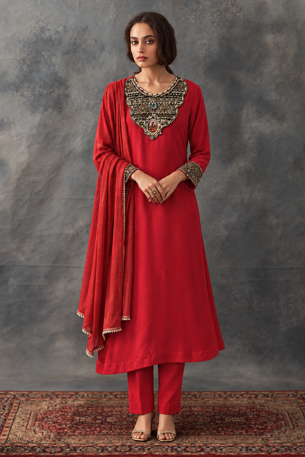 Aarika by House of Somarra — Front view of the red embroidered kurta, straight trousers and draped dupatta.