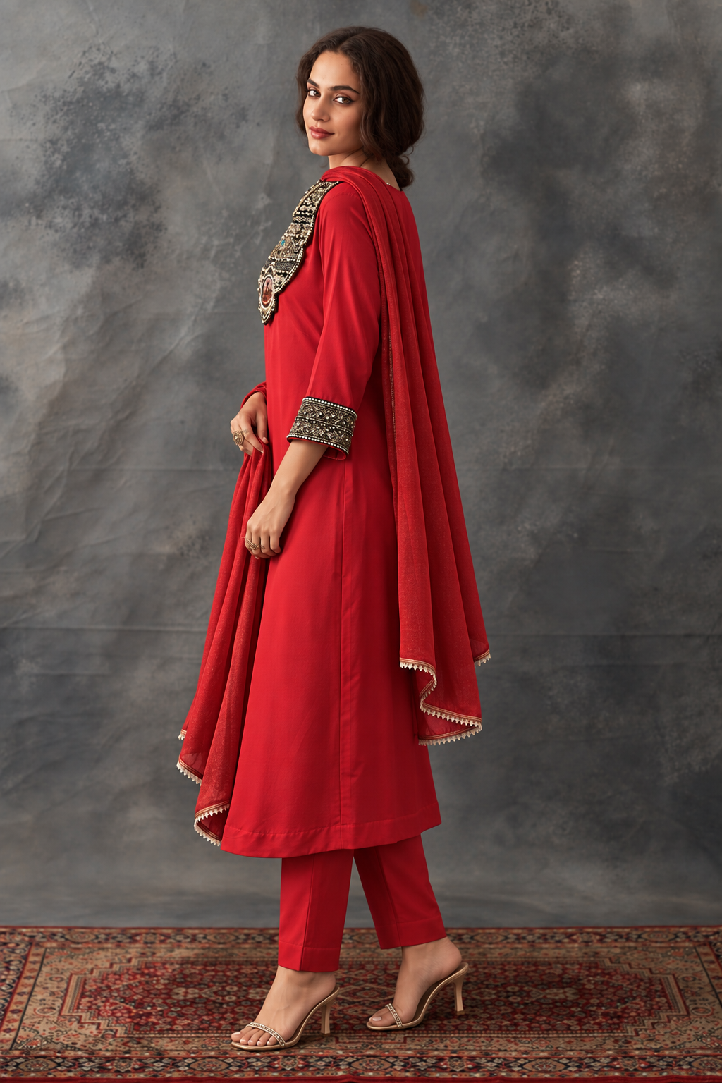 Aarika by House of Somarra — Side view showing the loose silhouette and draped dupatta.
