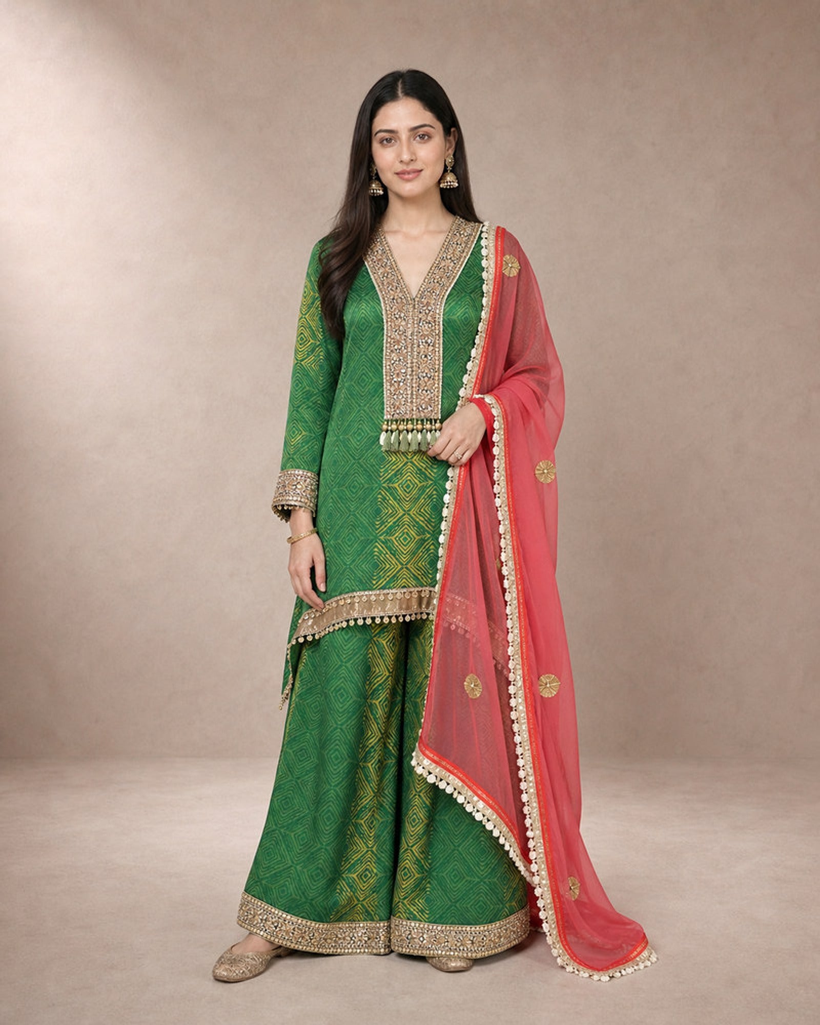 Aarshiya: Rama Green Tie-Dye Embroidered Sharara Set – hero front