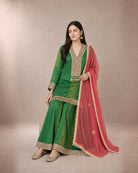 Aarshiya: Rama Green Tie-Dye Embroidered Sharara Set – seated three-quarter