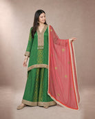 Aarshiya Rama Green Tie-Dye Embroidered Sharara Set – dupatta drape view
