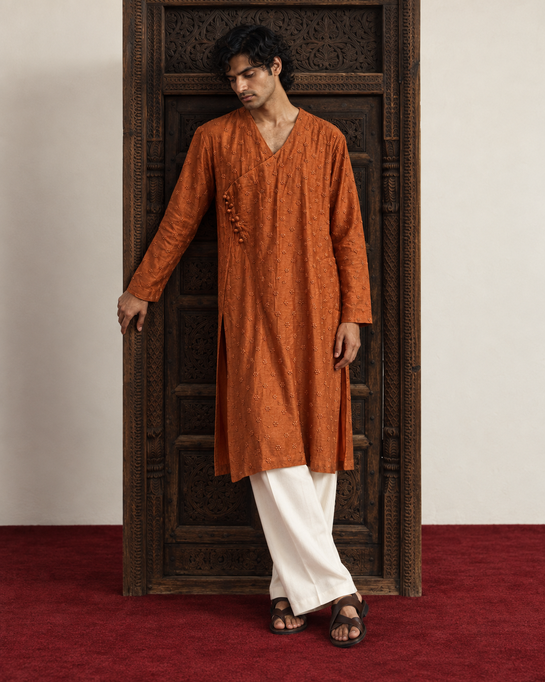 Aatish: Burnt Orange Angrakha Men's Kurta Set — full-length view of the set.