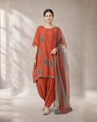 Agnira: Burnt Orange Embroidered Kaftan Dhoti Suit – hero front