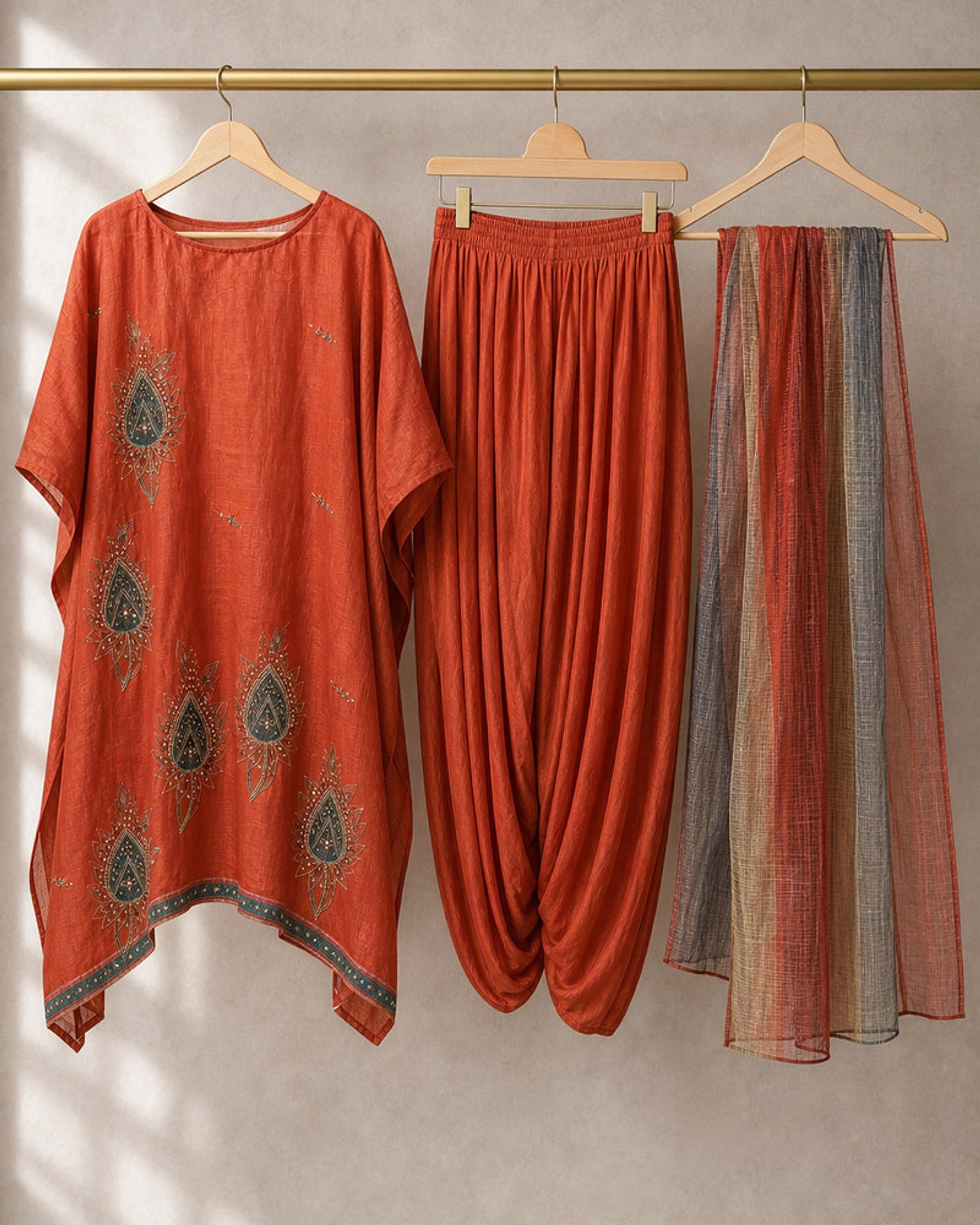 Agnira: Burnt Orange Embroidered Kaftan Dhoti Suit – refined hanger packshot