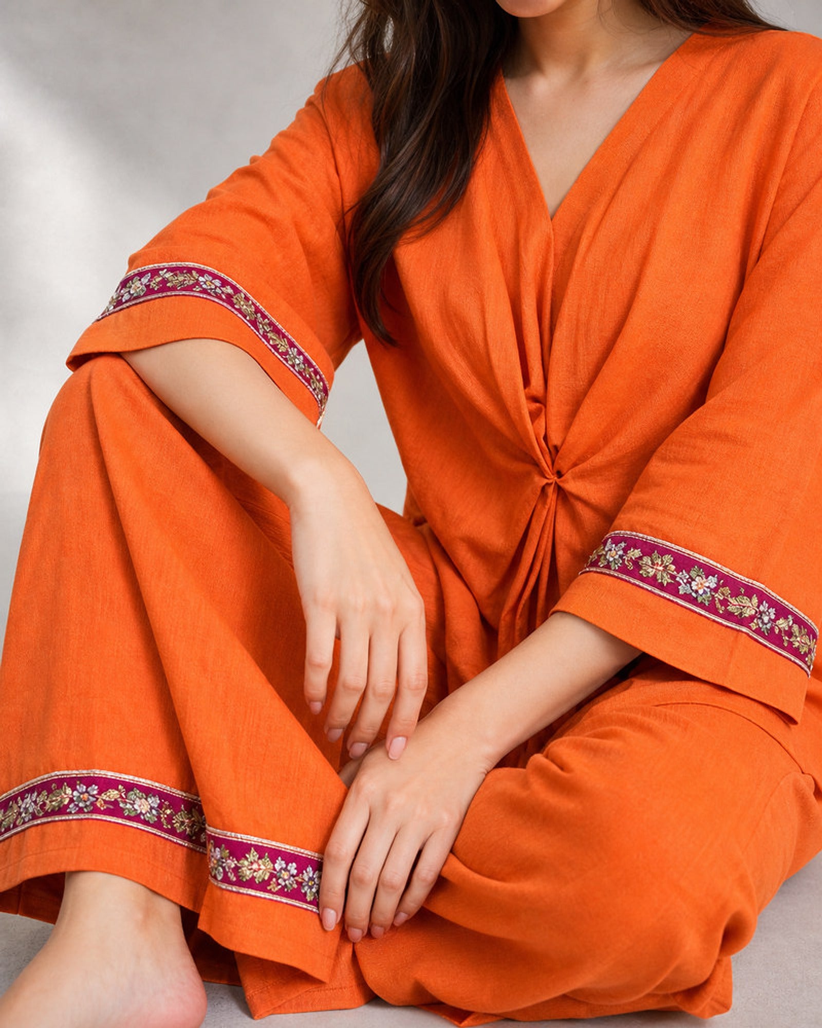 Arunika: Vibrant Orange Embroidered Co-ord Set – embellishment close-up