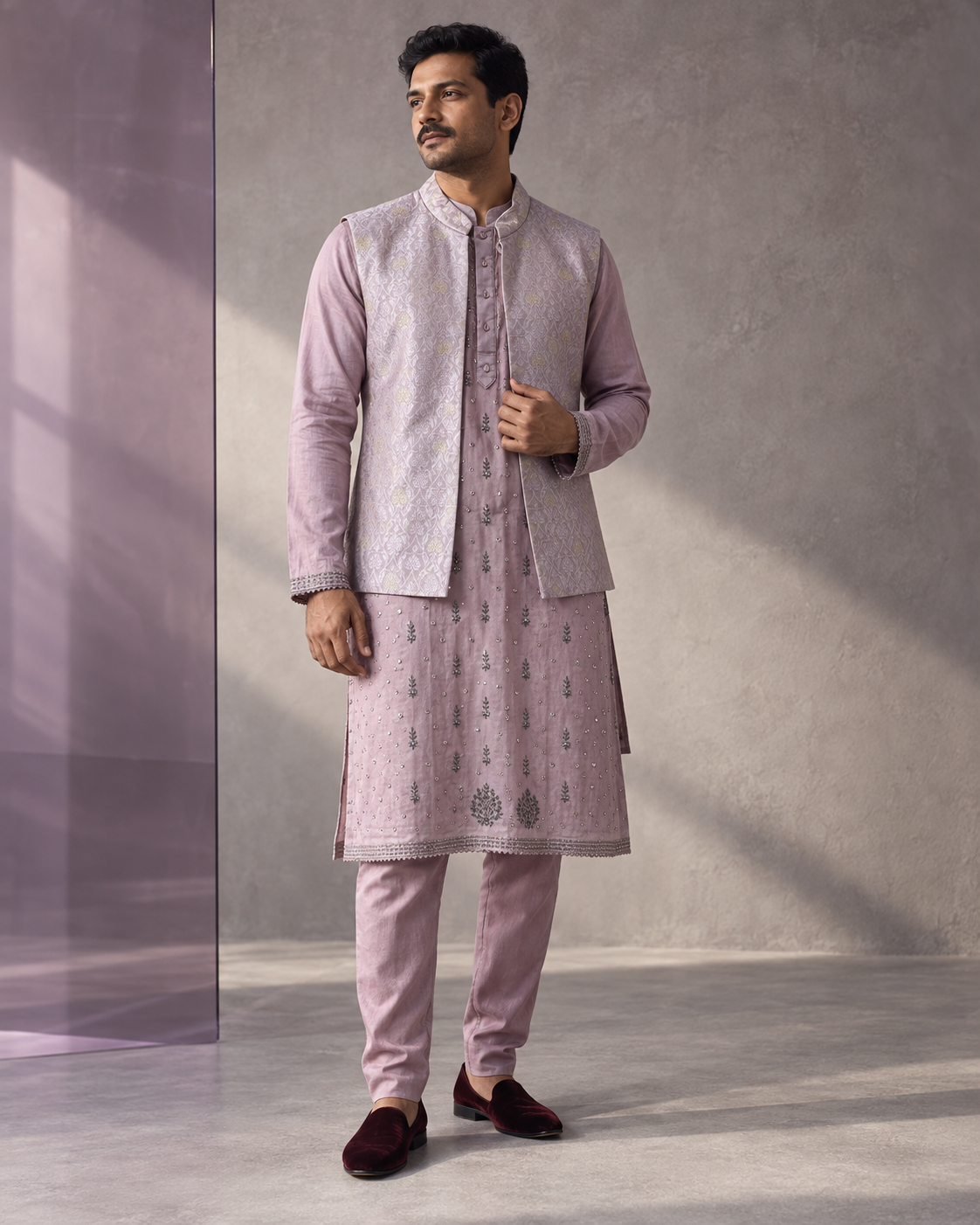 Banafsha: Lilac Men's Kurta Set with Waistcoat — full-length view of the set.