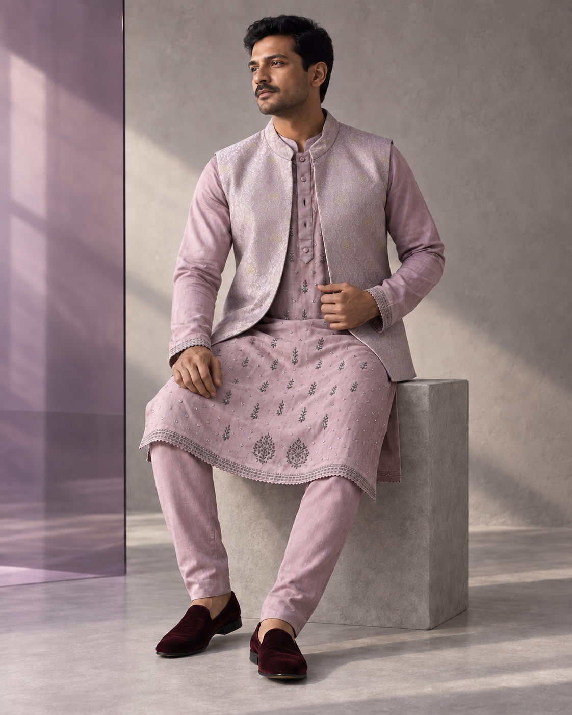 Banafsha: Lilac Men's Kurta Set with Waistcoat — portrait view of the kurta set.