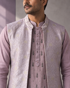 Banafsha: Lilac Men's Kurta Set with Waistcoat — close-up of the garment details.