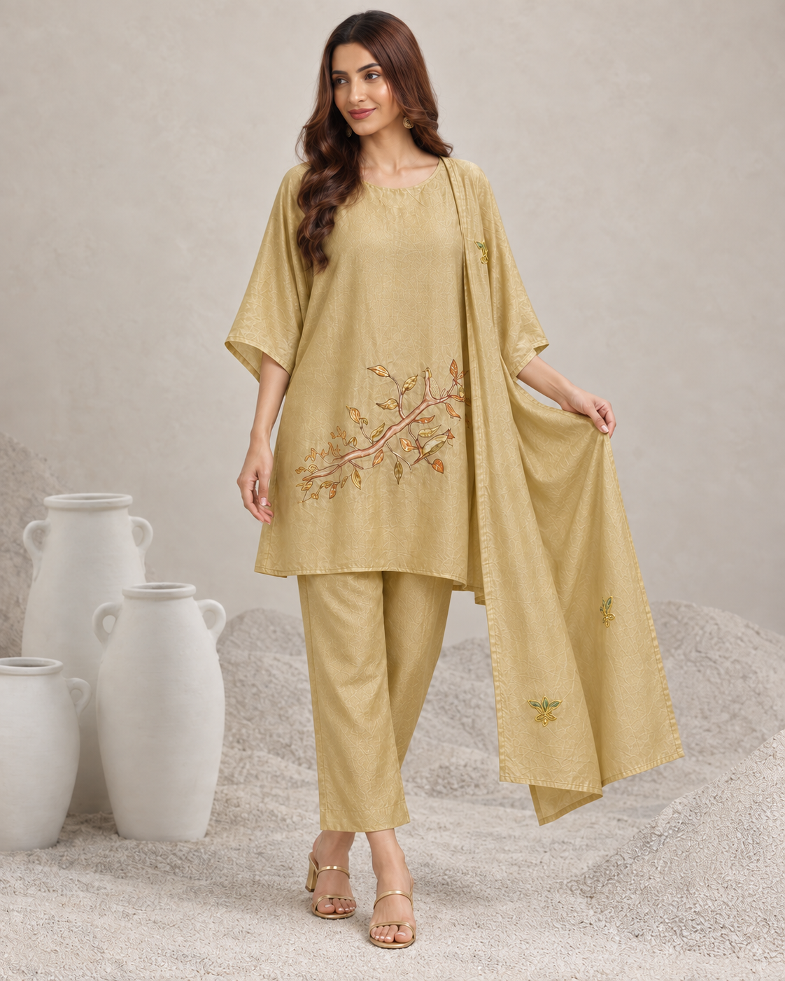 Taru by House of Somarra — Walking view showing the loose kurta and matching dupatta.