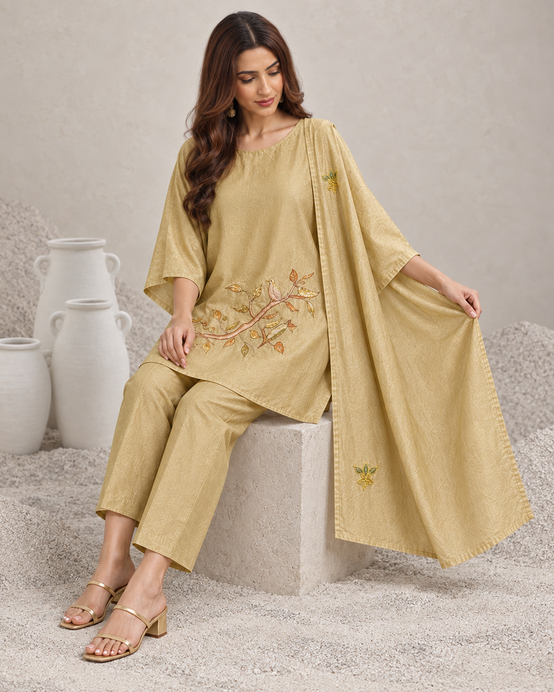 Taru by House of Somarra — Seated view showing the beige trousers and flowing dupatta.