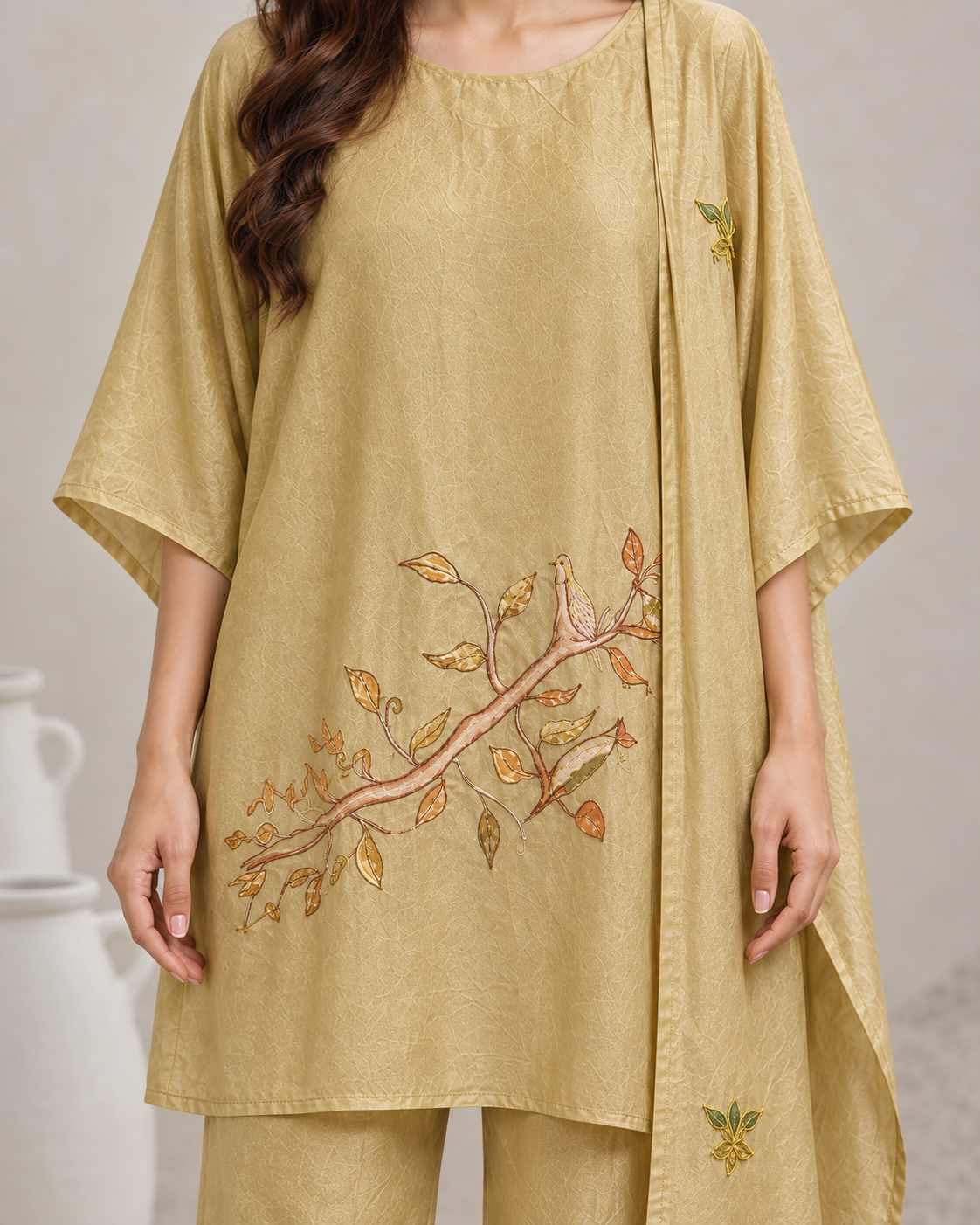 Taru by House of Somarra — Close-up of the botanical appliqué across the kurta.