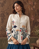 Samaira by House of Somarra — Portrait view of the cream embroidered top and collar.