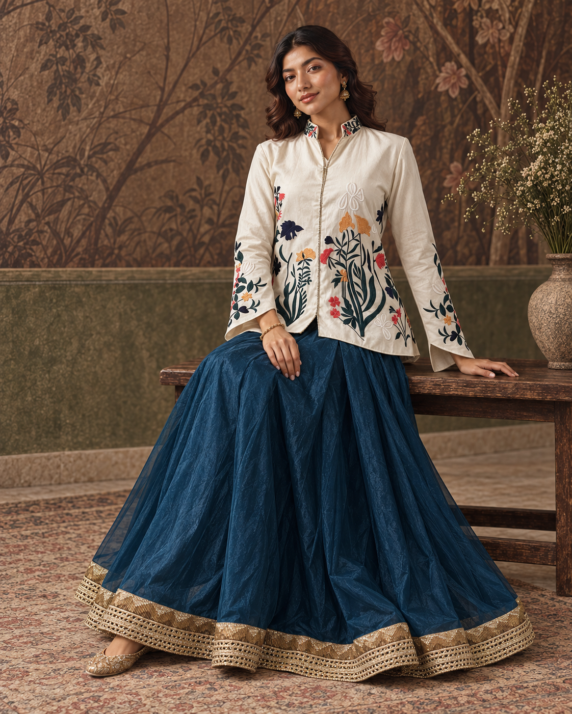 Samaira by House of Somarra — Seated view showing the embroidered top and blue skirt.