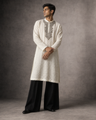 Chaand: Ivory Silver-Yoke Men's Kurta Set — full-length view of the set.