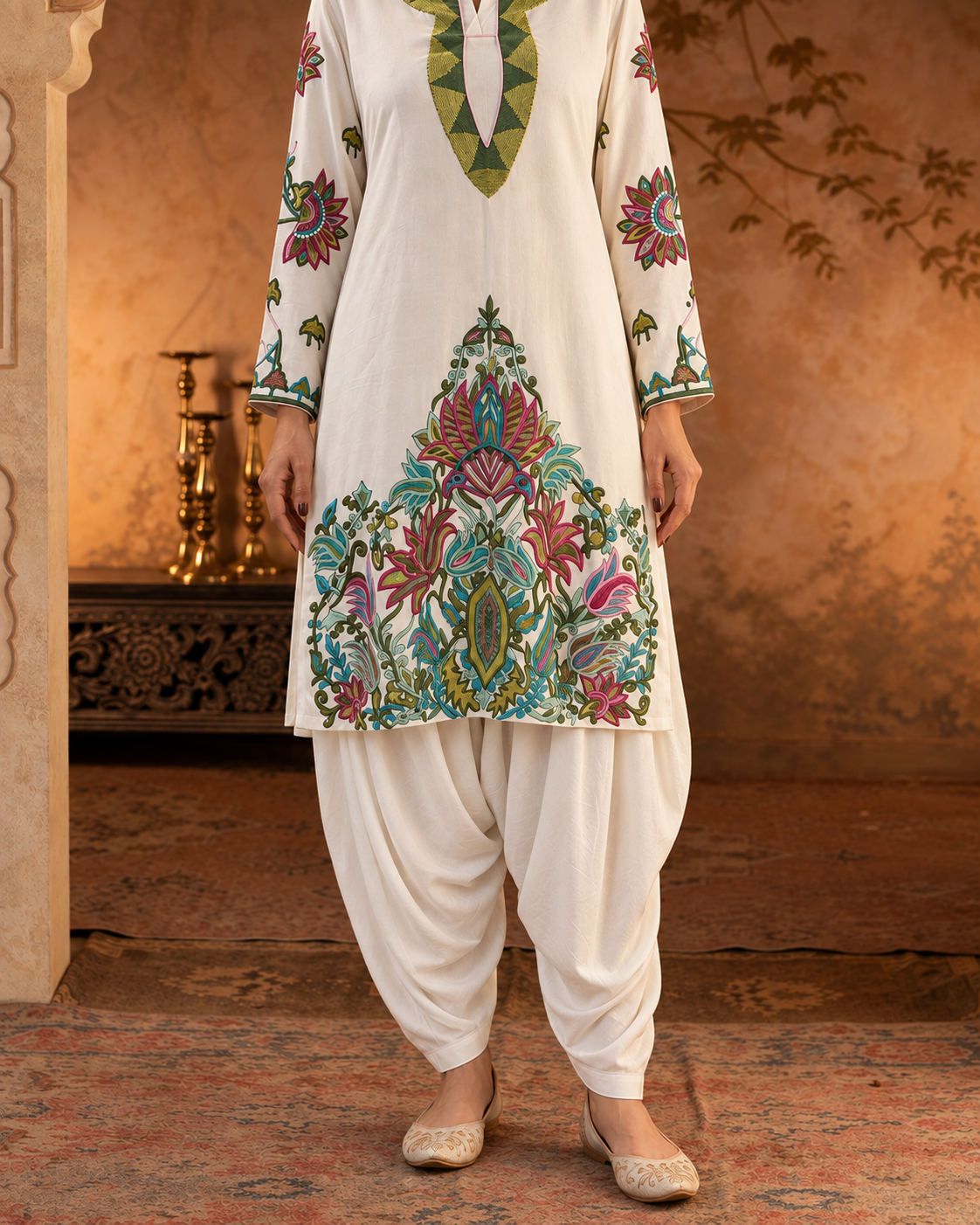 Vasantika by House of Somarra — Close-up of the colourful botanical embroidery and green neckline.