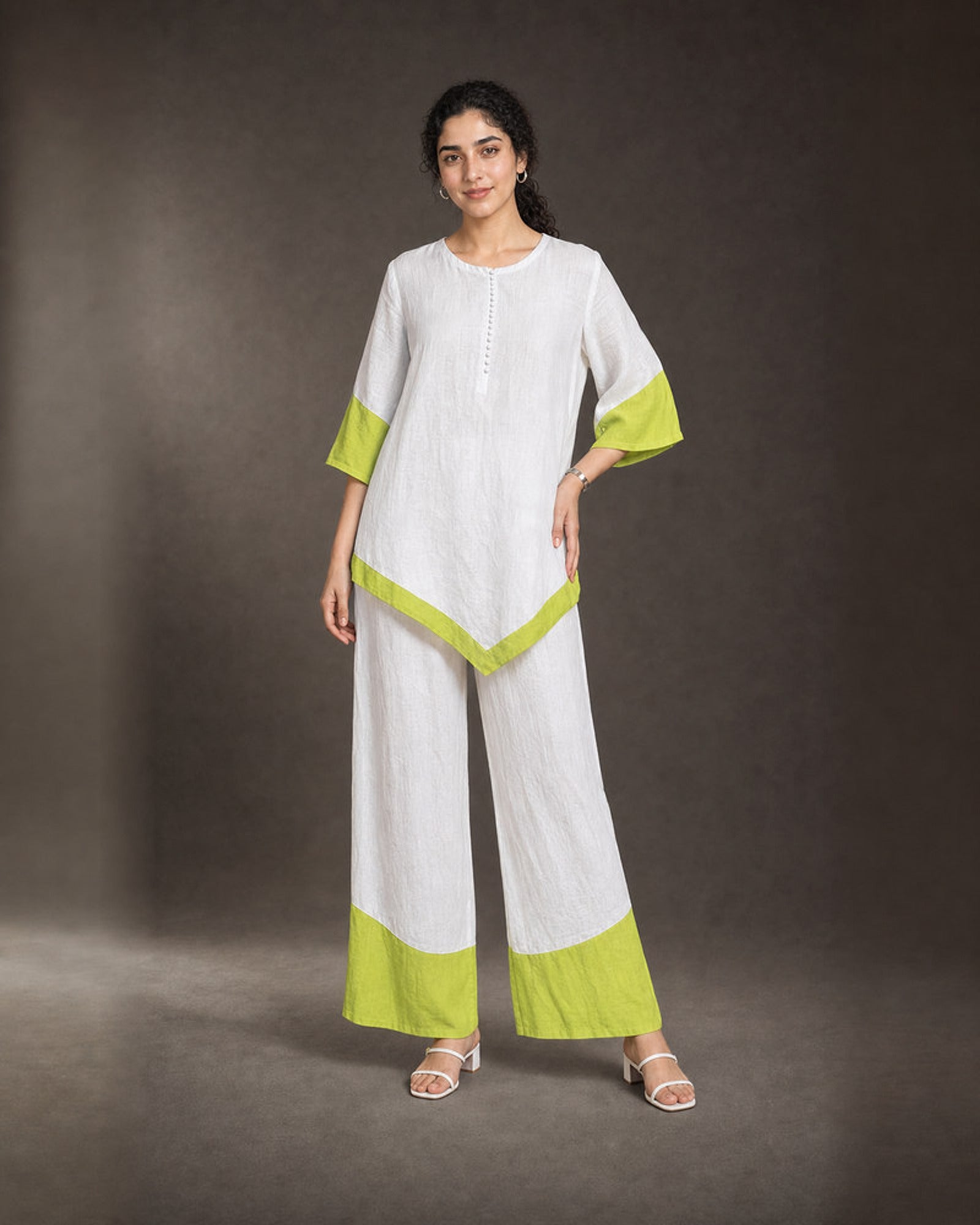 Elara: White & Neon Lime Linen Co-ord Set – hero front
