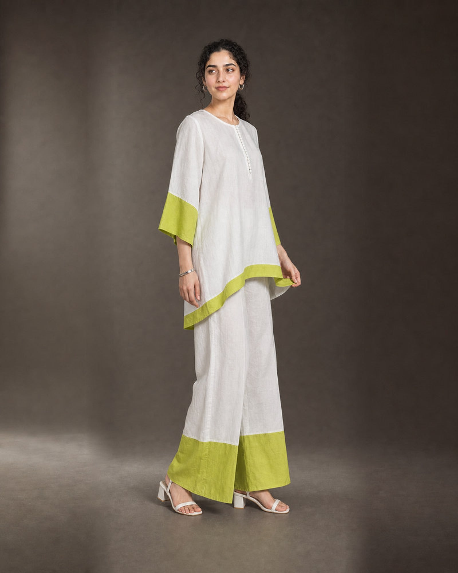 Elara: White & Neon Lime Linen Co-ord Set – profile or documented back