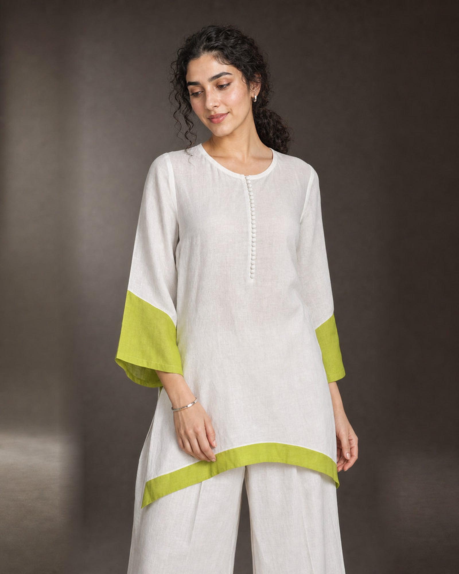 Elara: White & Neon Lime Linen Co-ord Set – embellishment close-up