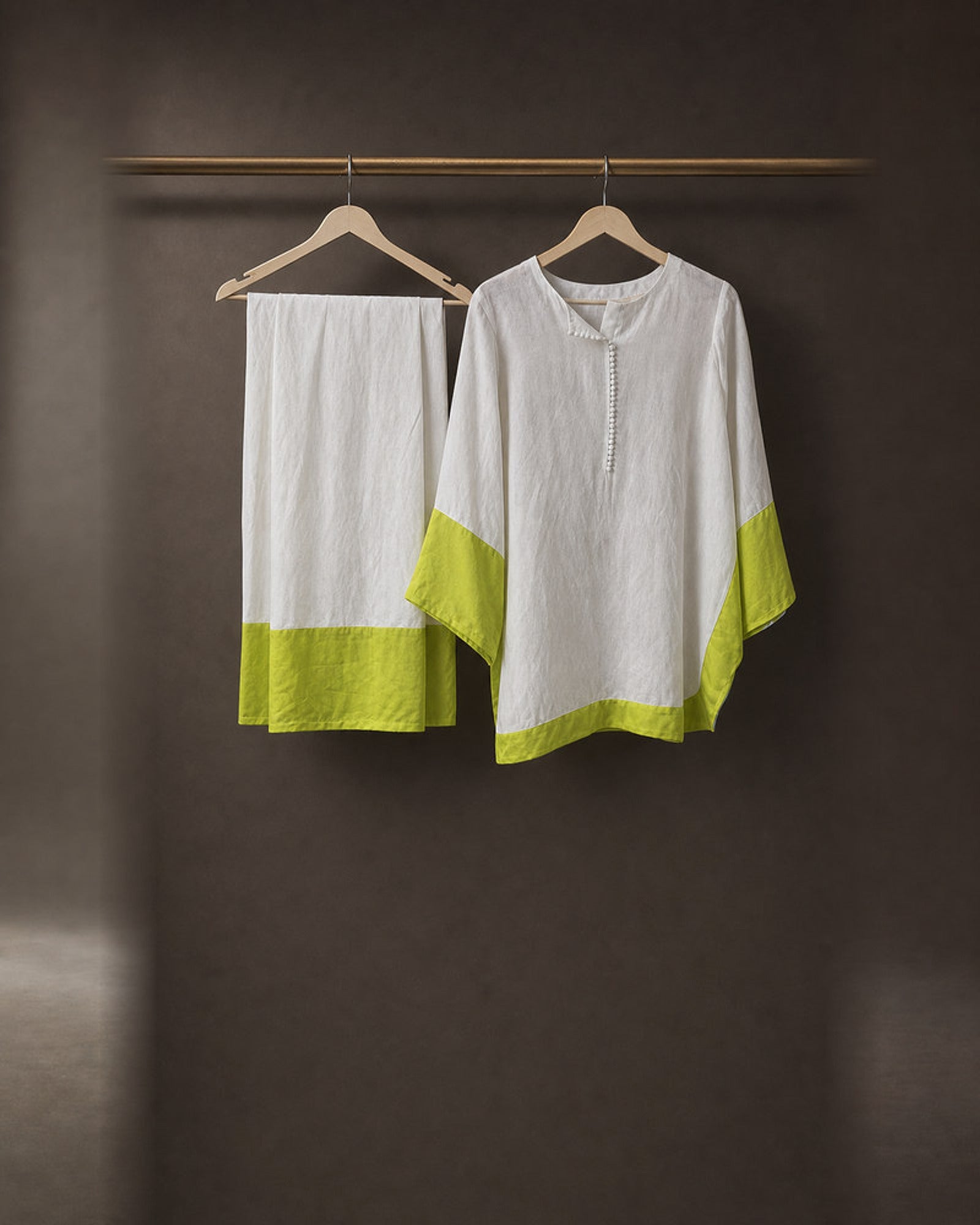 Elara: White & Neon Lime Linen Co-ord Set – refined hanger packshot
