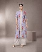 Eshani: Peacock Purple Check & Floral Dori Co-ord Set – hero front