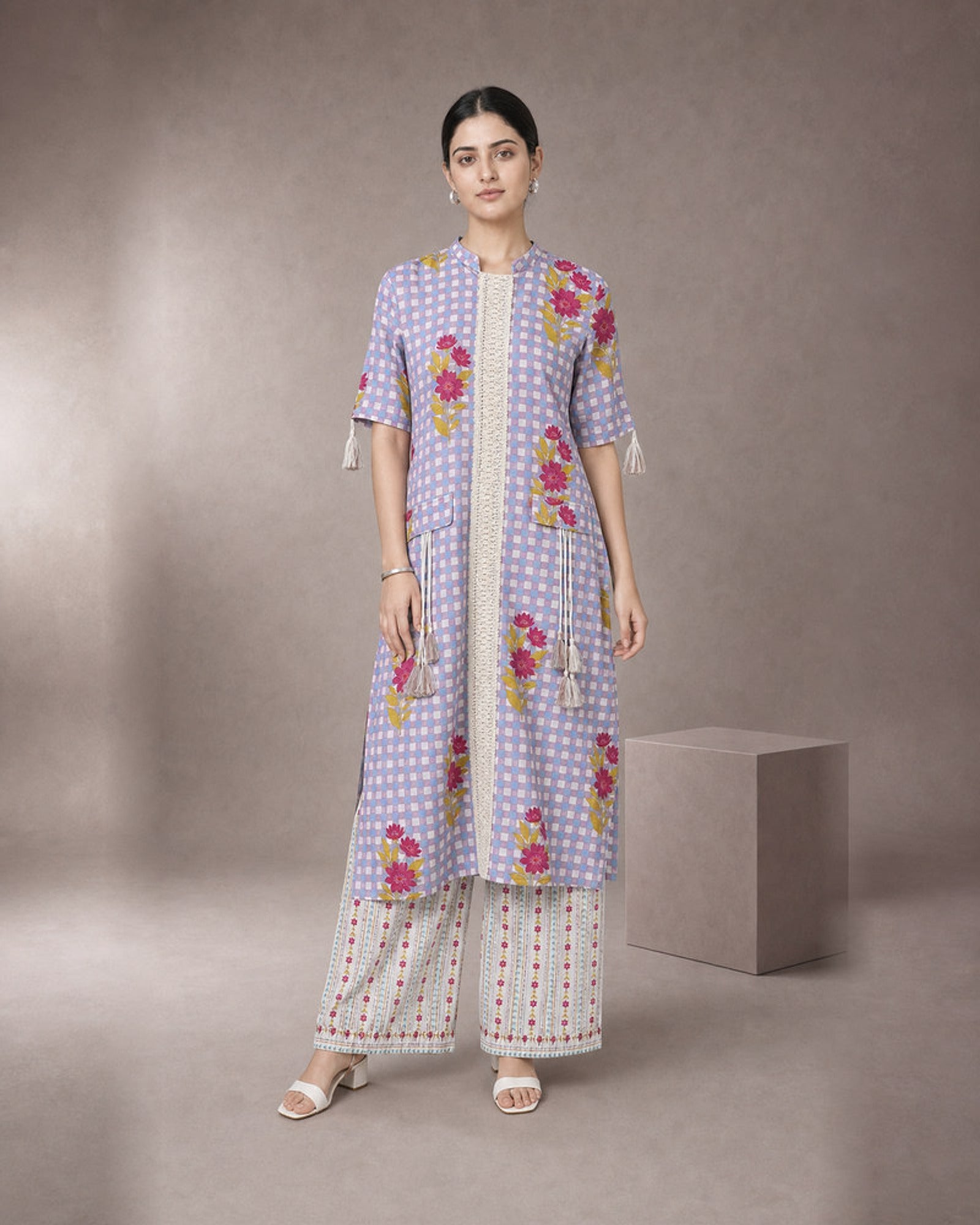 Eshani: Peacock Purple Check & Floral Dori Co-ord Set – hero front
