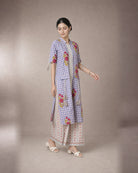 Eshani: Peacock Purple Check & Floral Dori Co-ord Set – profile or documented back