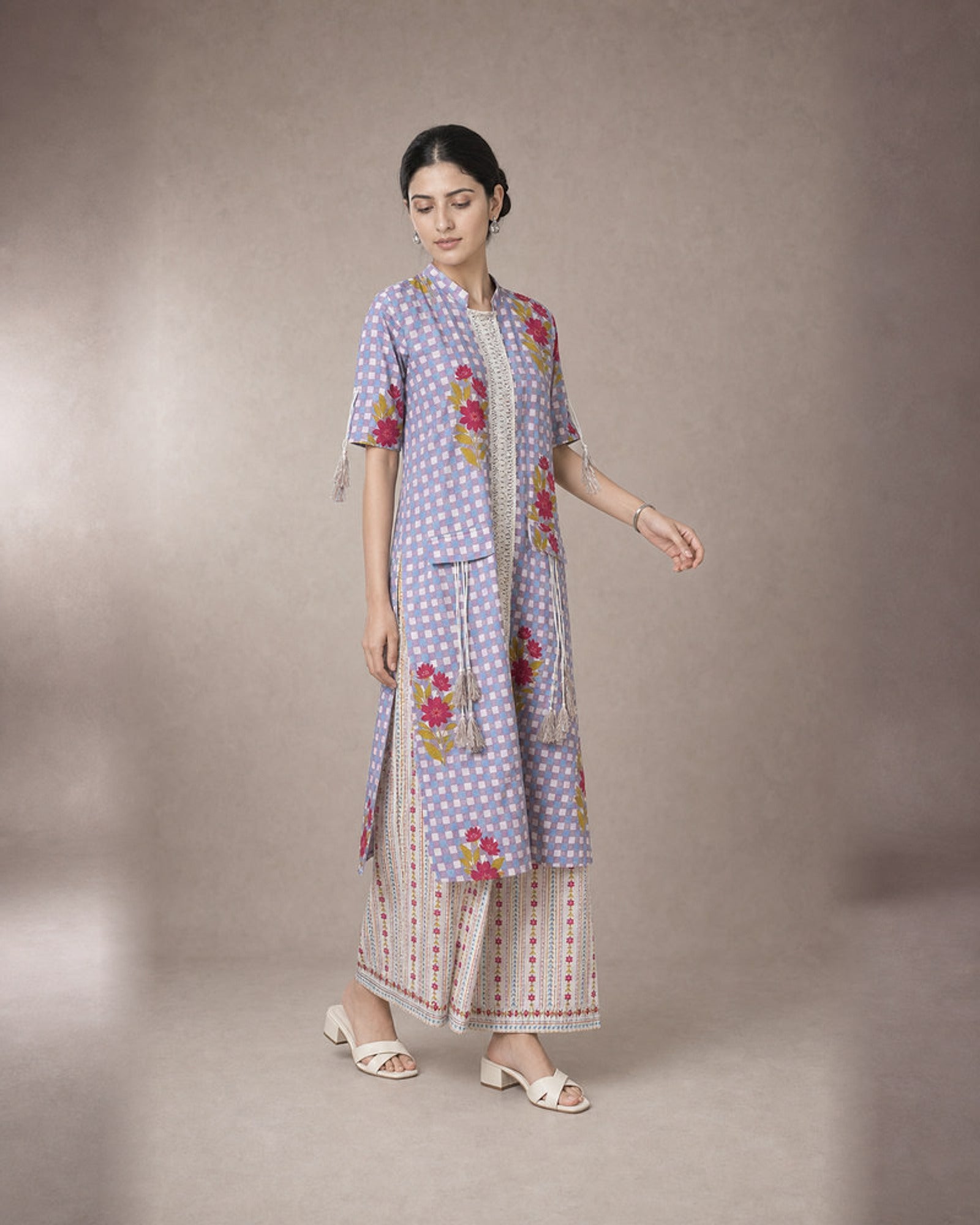 Eshani: Peacock Purple Check & Floral Dori Co-ord Set – profile or documented back