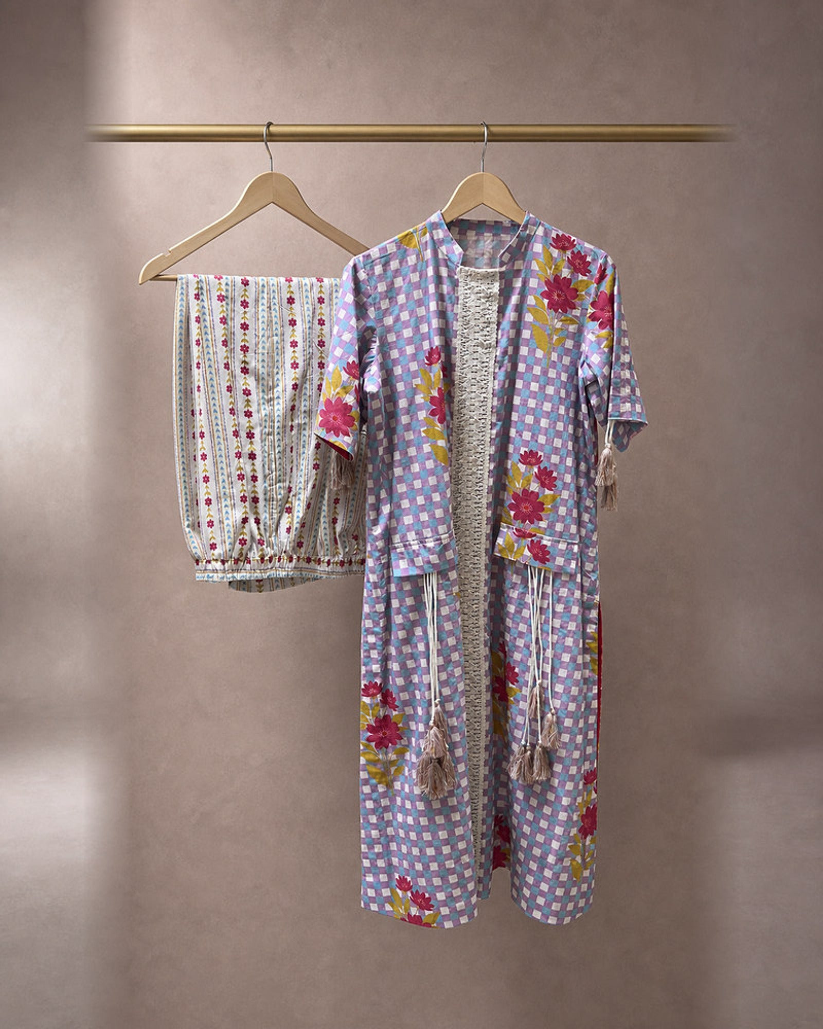 Eshani: Peacock Purple Check & Floral Dori Co-ord Set – refined hanger packshot