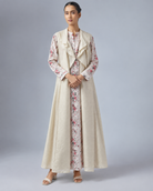 Varnika by House of Somarra — Front view of the layered floral kurta and pale shrug.