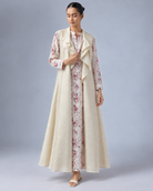 Varnika by House of Somarra — View showing the flowing open shrug over the floral ensemble.