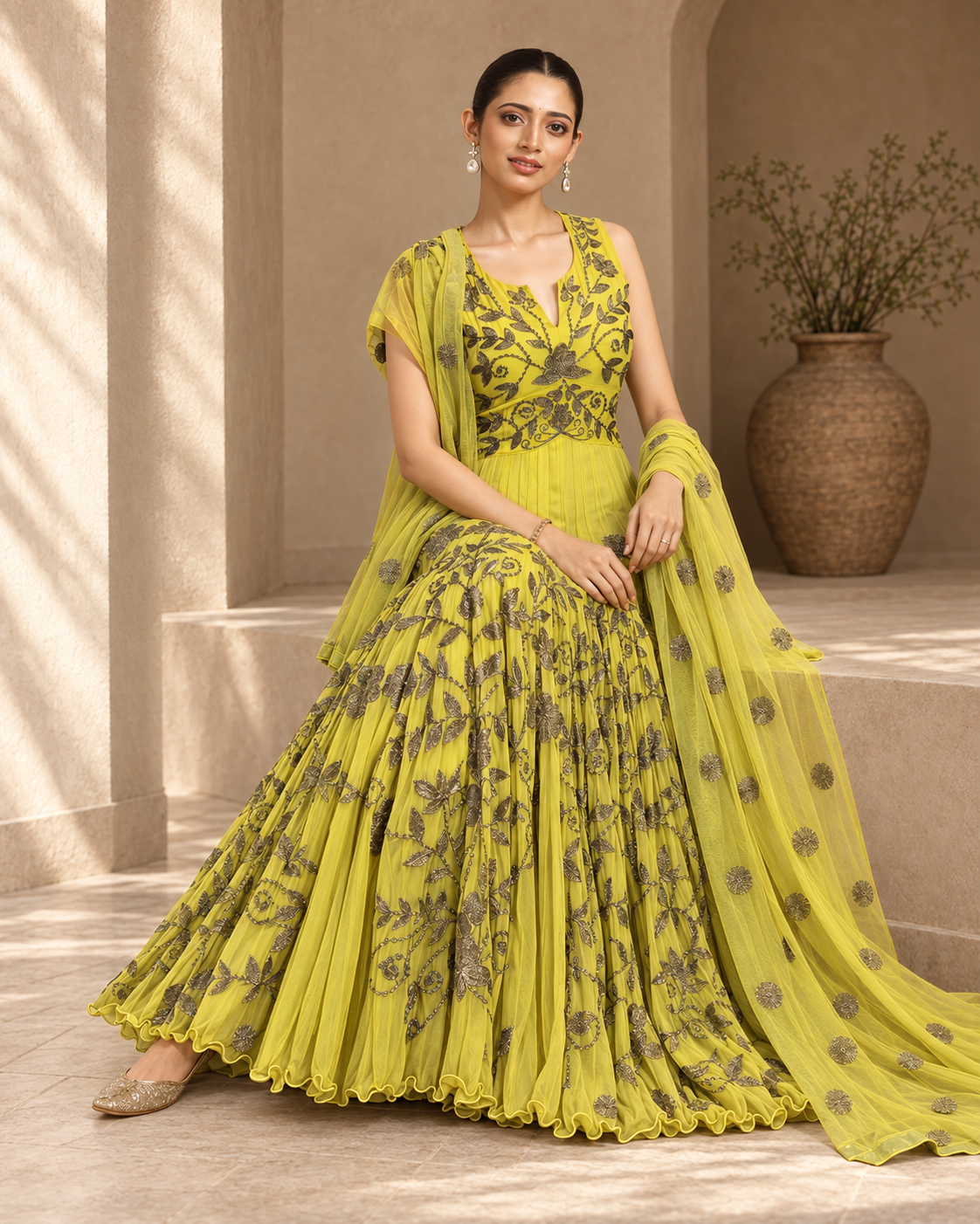 Zinnia by House of Somarra — Seated view showing the spread of the embroidered skirt.