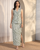 Olivara by House of Somarra — Full-length view of the matching olive printed ensemble.