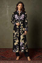 Hanami by House of Somarra — Front view of the black botanical kurta and matching trousers.