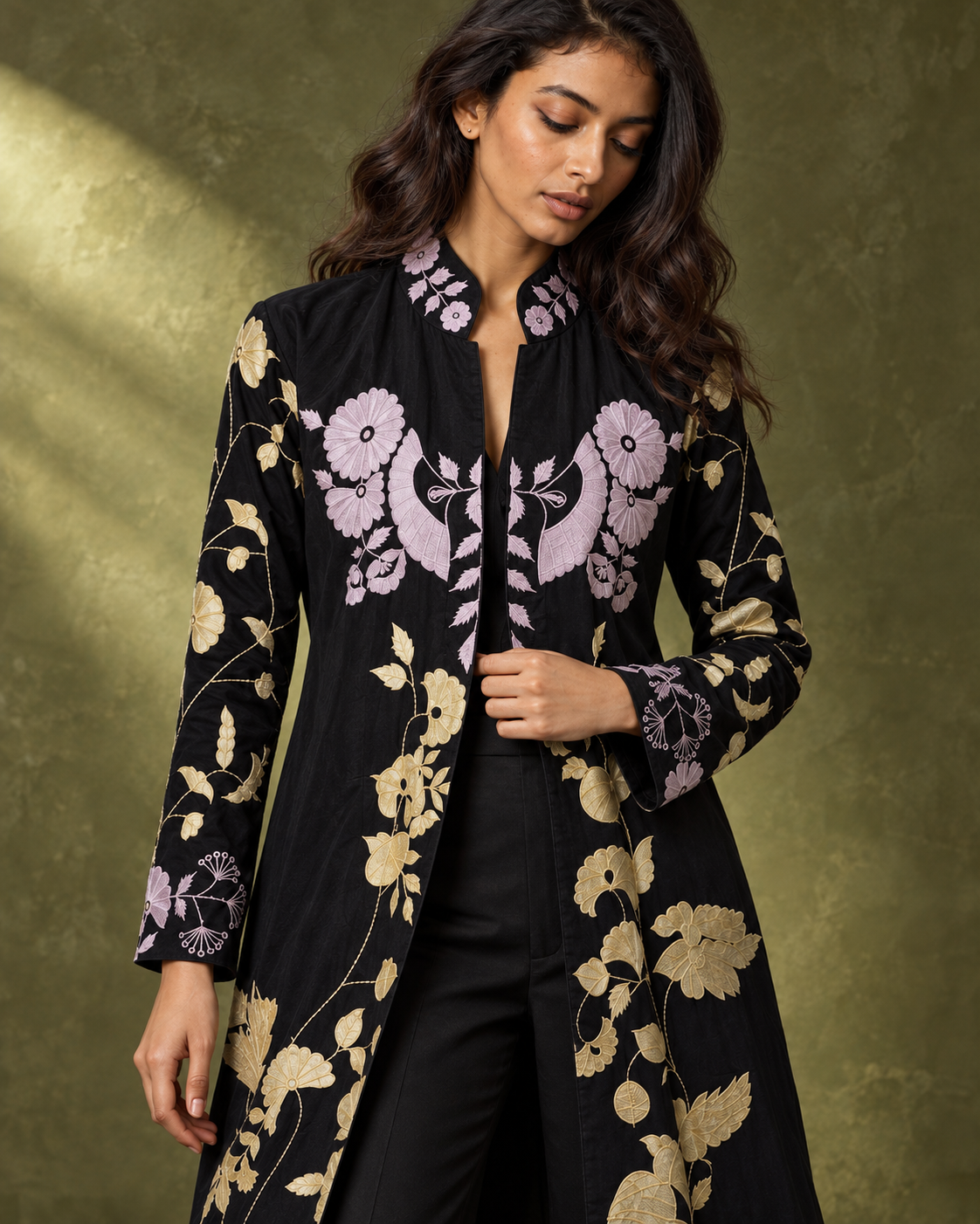 Hanami by House of Somarra — Close-up of the collar, embroidered front panels and sleeves.