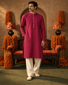 Gulaal: Rani Pink Textured Men's Kurta Set — full-length view of the set.