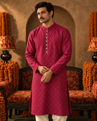 Gulaal: Rani Pink Textured Men's Kurta Set — portrait view of the kurta set.