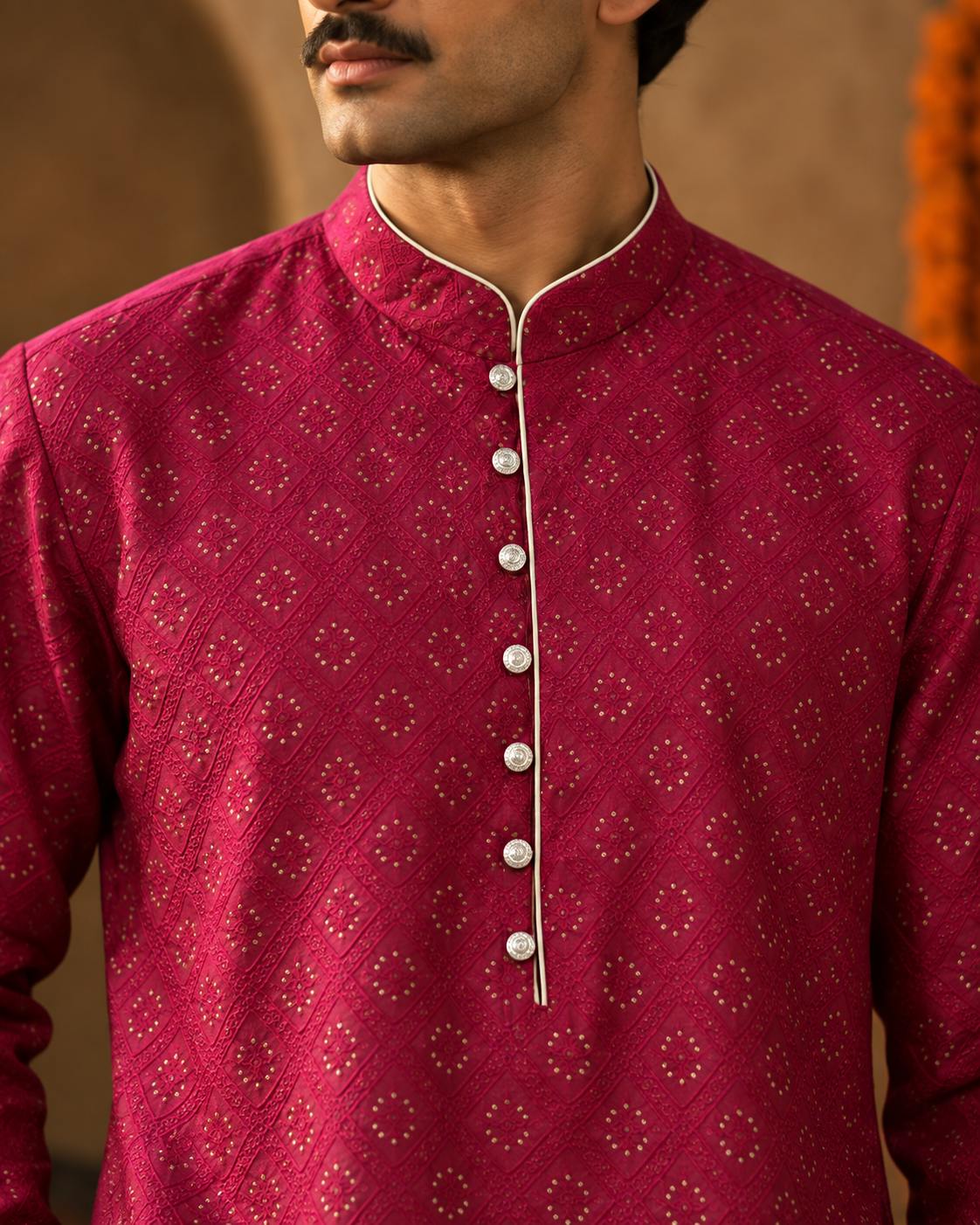 Gulaal: Rani Pink Textured Men's Kurta Set — close-up of the garment details.