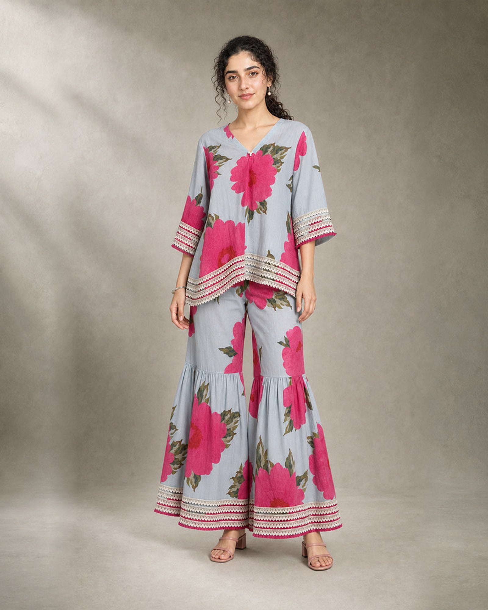 Gulaira: Bold Pink Floral Lace Garara Co-ord Set – hero front