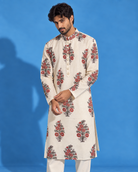 Gulbagh: Ivory Floral Print Men's Kurta Set — portrait view of the kurta set.
