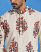 Gulbagh: Ivory Floral Print Men's Kurta Set — close-up of the garment details.