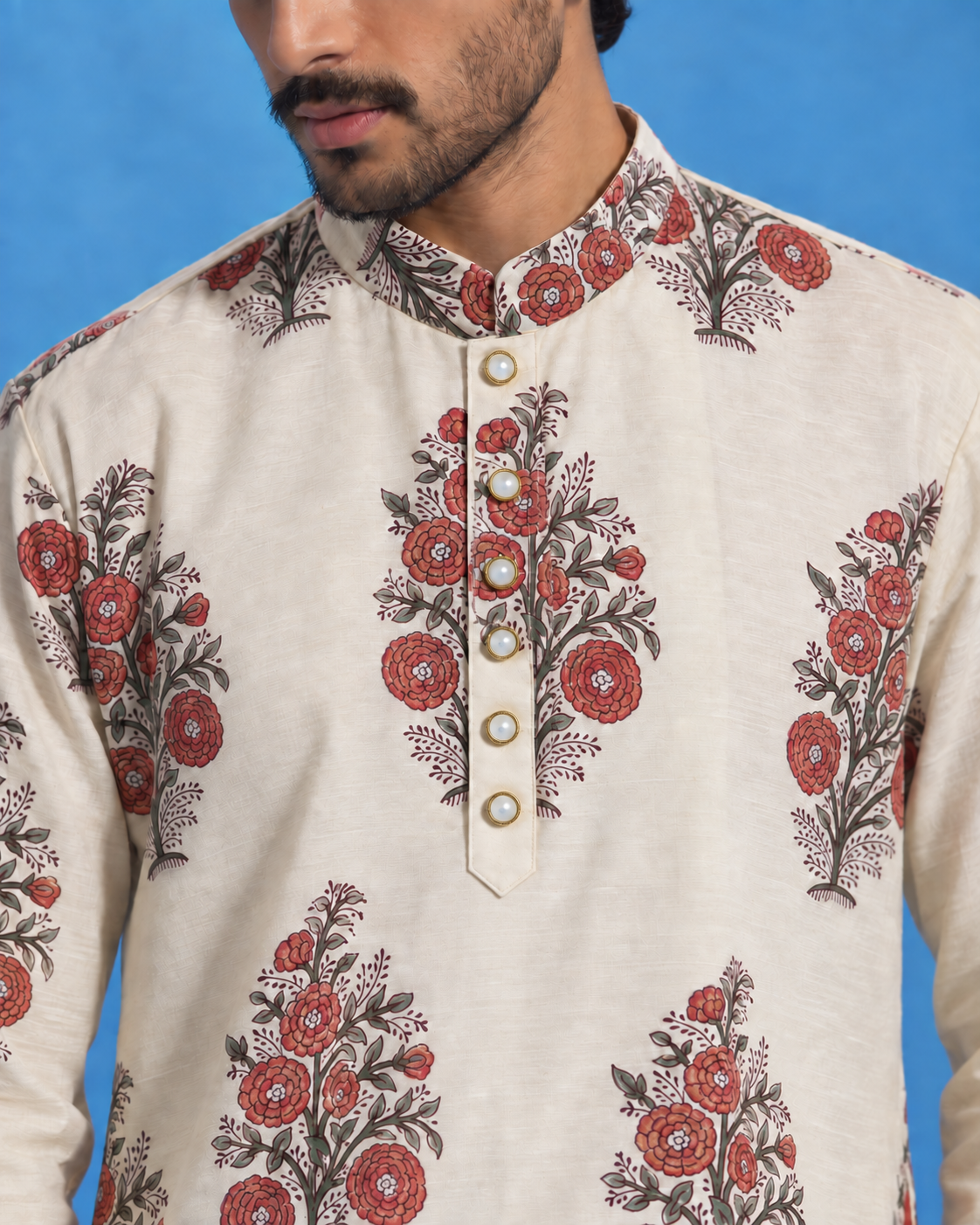 Gulbagh Ivory Floral Print Men's Kurta Set | House of Somarra