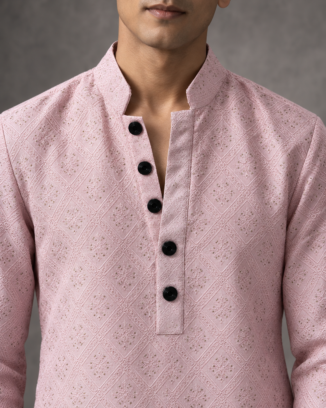 Gulnaar: Blush Paisley Textured Men's Kurta Set — close-up of the garment details.