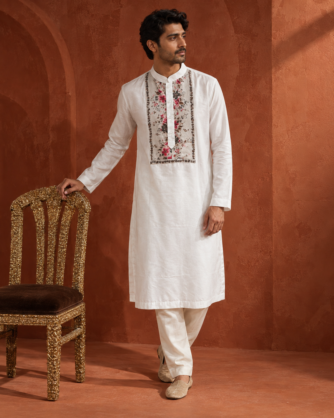 Gulrez: Ivory Floral-Yoke Men's Kurta Set — full-length view of the set.