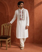 Gulrez: Ivory Floral-Yoke Men's Kurta Set — full-length view of the set.