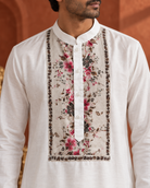 Gulrez: Ivory Floral-Yoke Men's Kurta Set — close-up of the garment details.