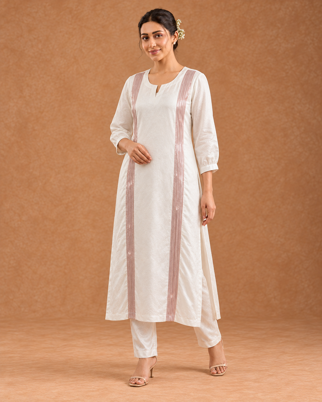 Aurelle by House of Somarra — Front view of the white tunic and trousers with rose-gold vertical bands.