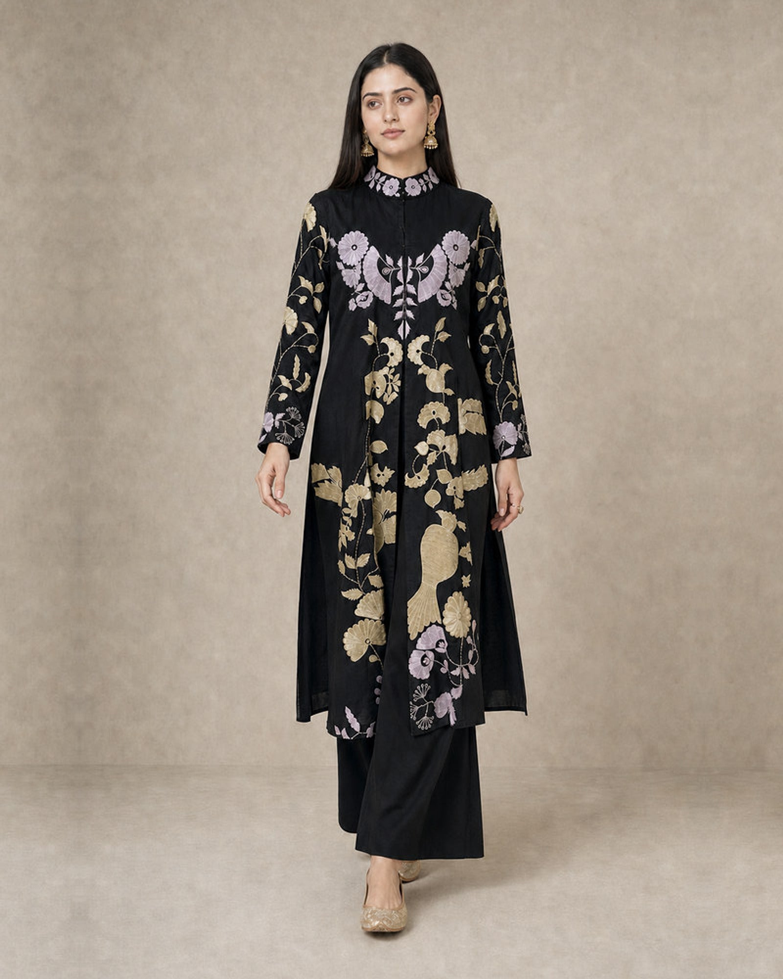 Hanami: Midnight Botanical Embroidered Cotton Kurta Set – seated three-quarter